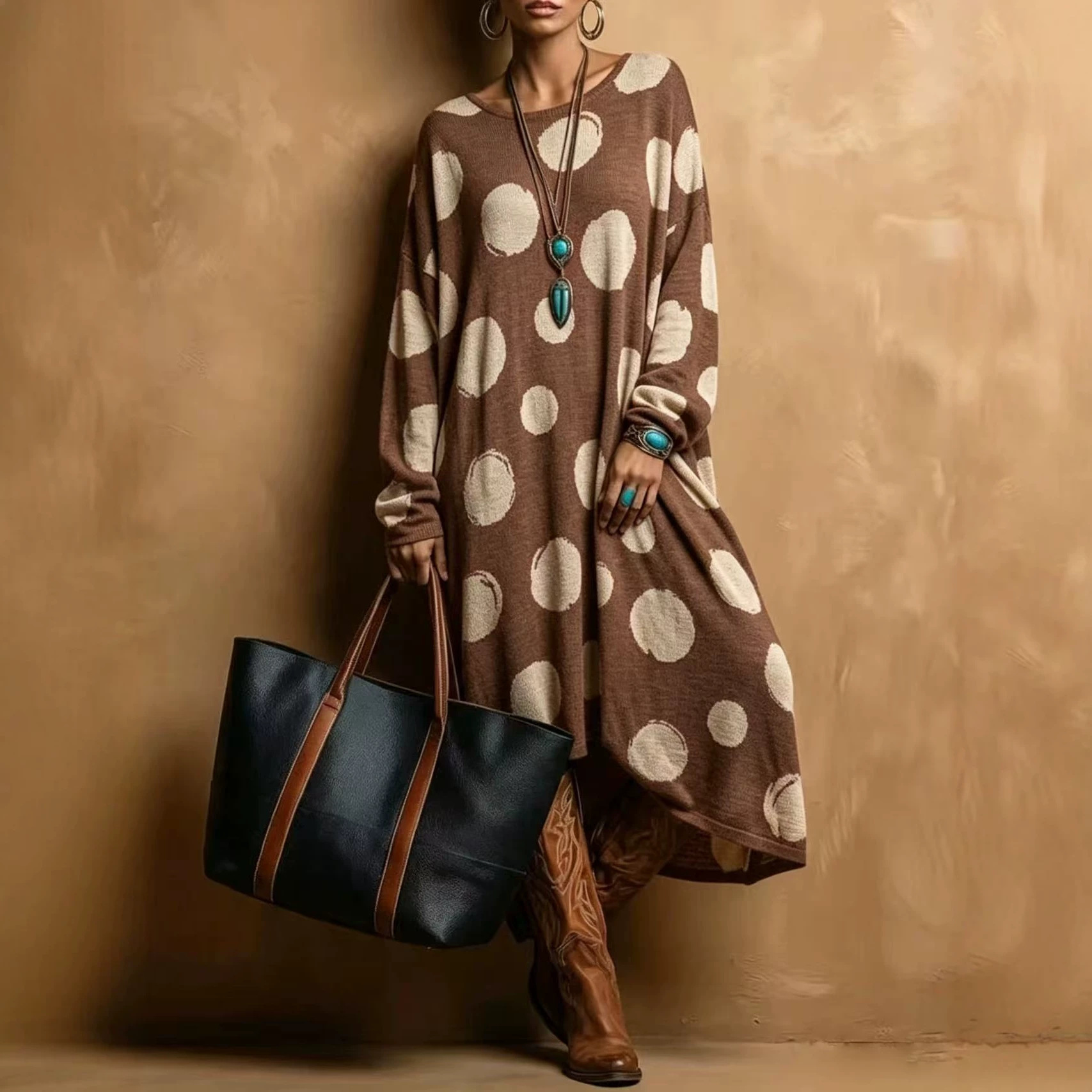 Retro American Polka Dot Print Loose A-Line Long Sleeve Round Neck Dress
