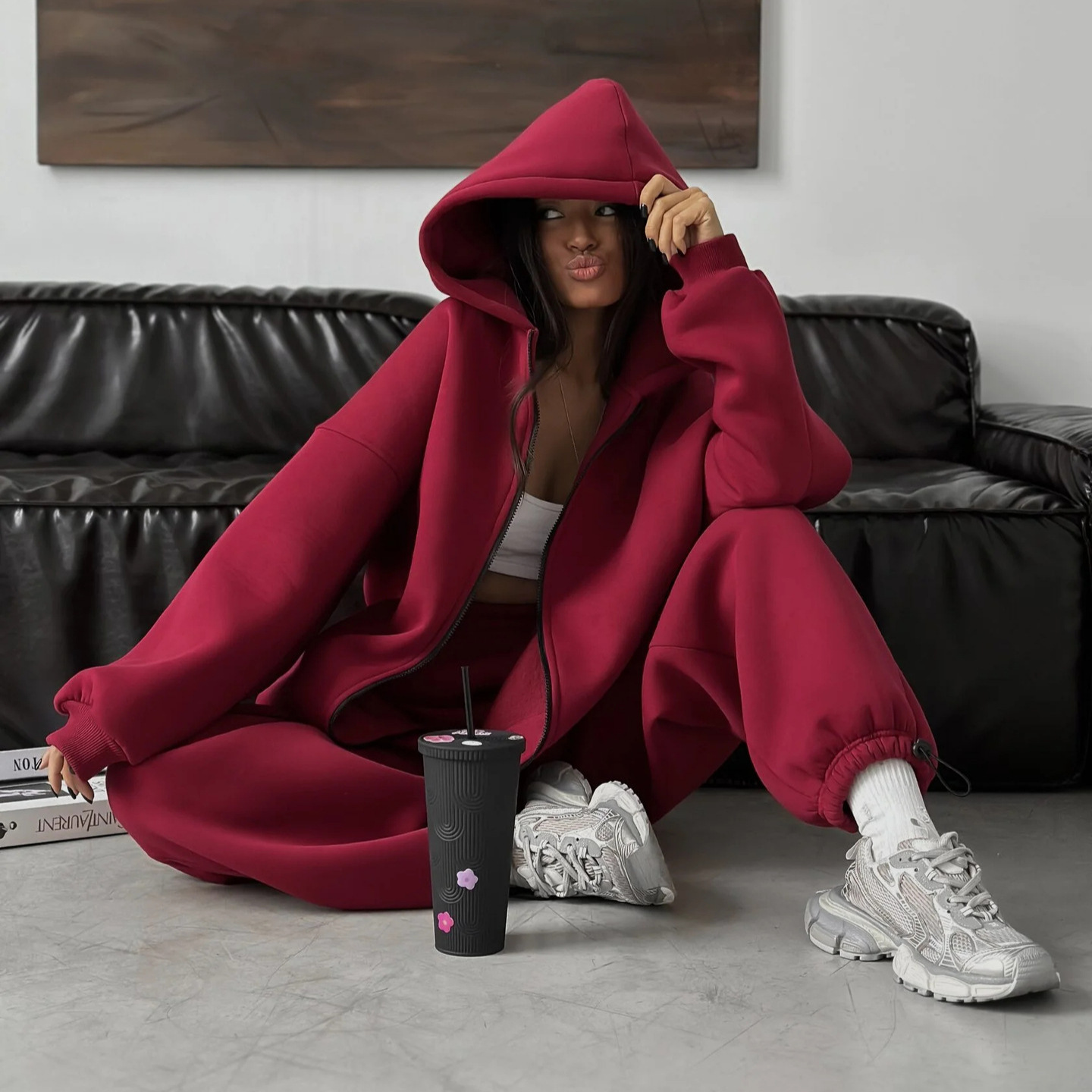Women's Solid Color Zip-Up Hooded Cardigan and Pants Two-Piece Set Plus Size