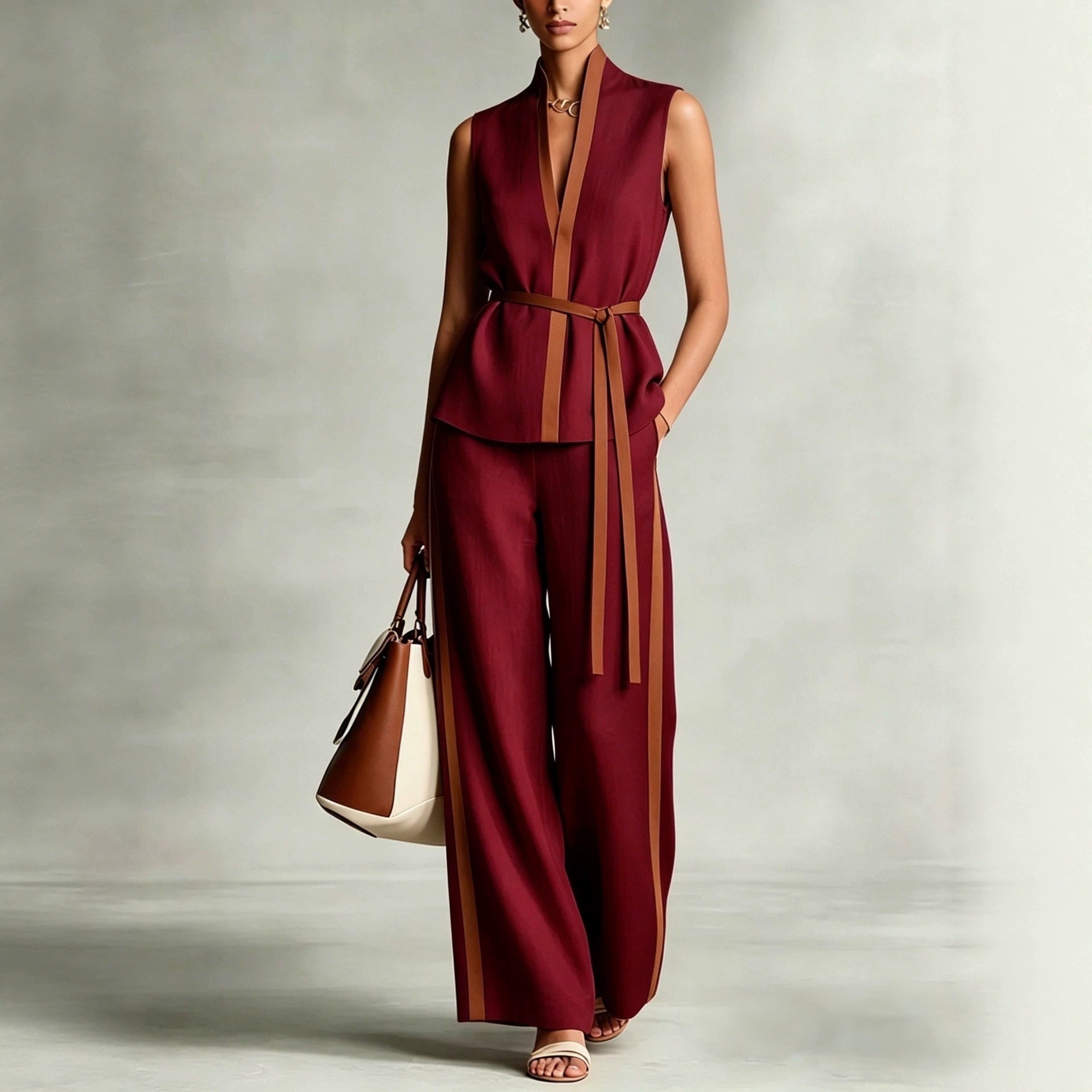 Women's Sleeveless Colorblock Top & Wide-Leg Pants Set