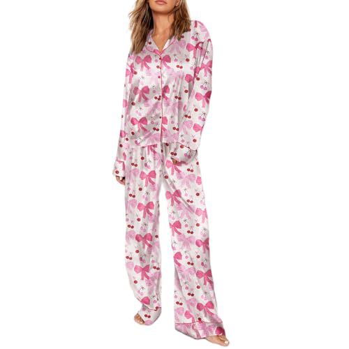 Cuban Collar Bow Ribbon Print Long Sleeve Women's Set