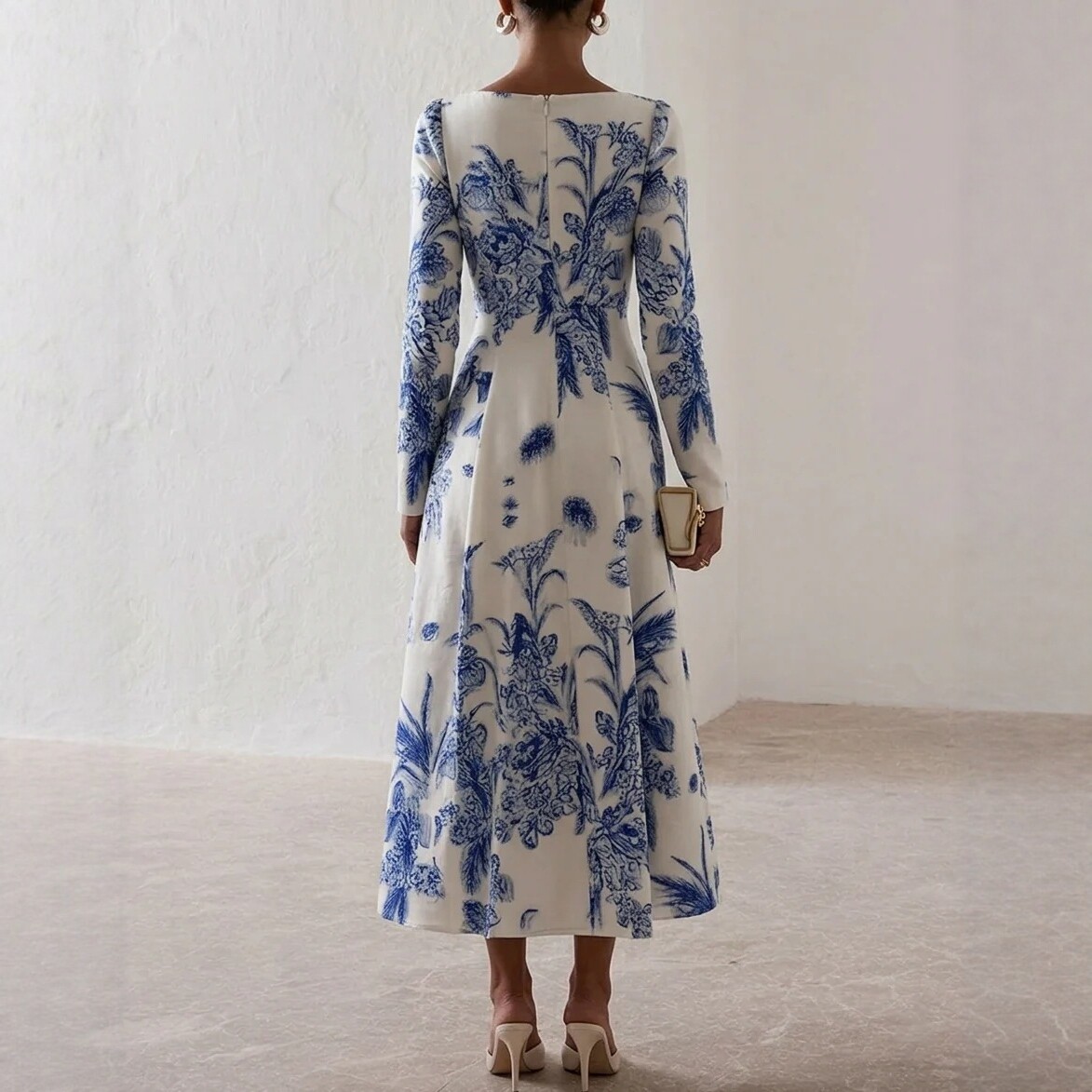 V-Neck Waist-Cinching Ruffle Floral Long Dress
