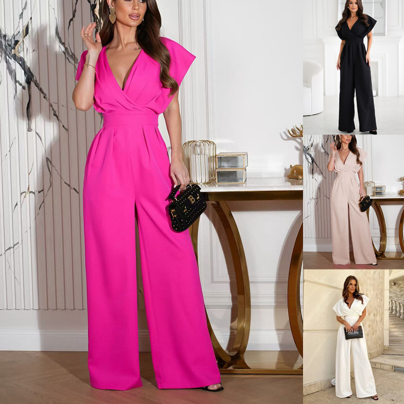 V-Neck Solid Waist-Defining Jumpsuit