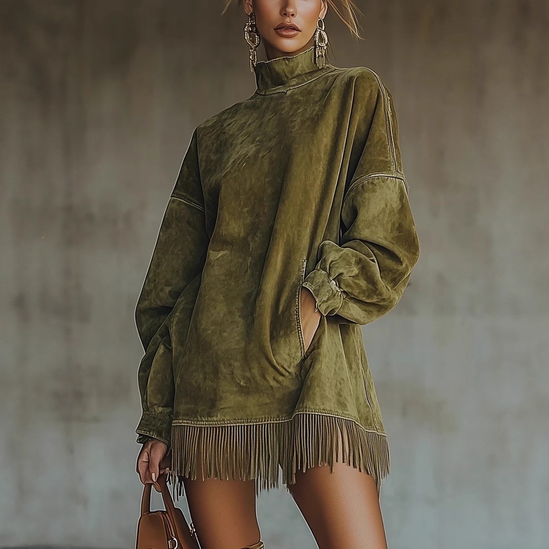 High Neck Faux Suede Fringe Long Sleeve Dress with Pockets