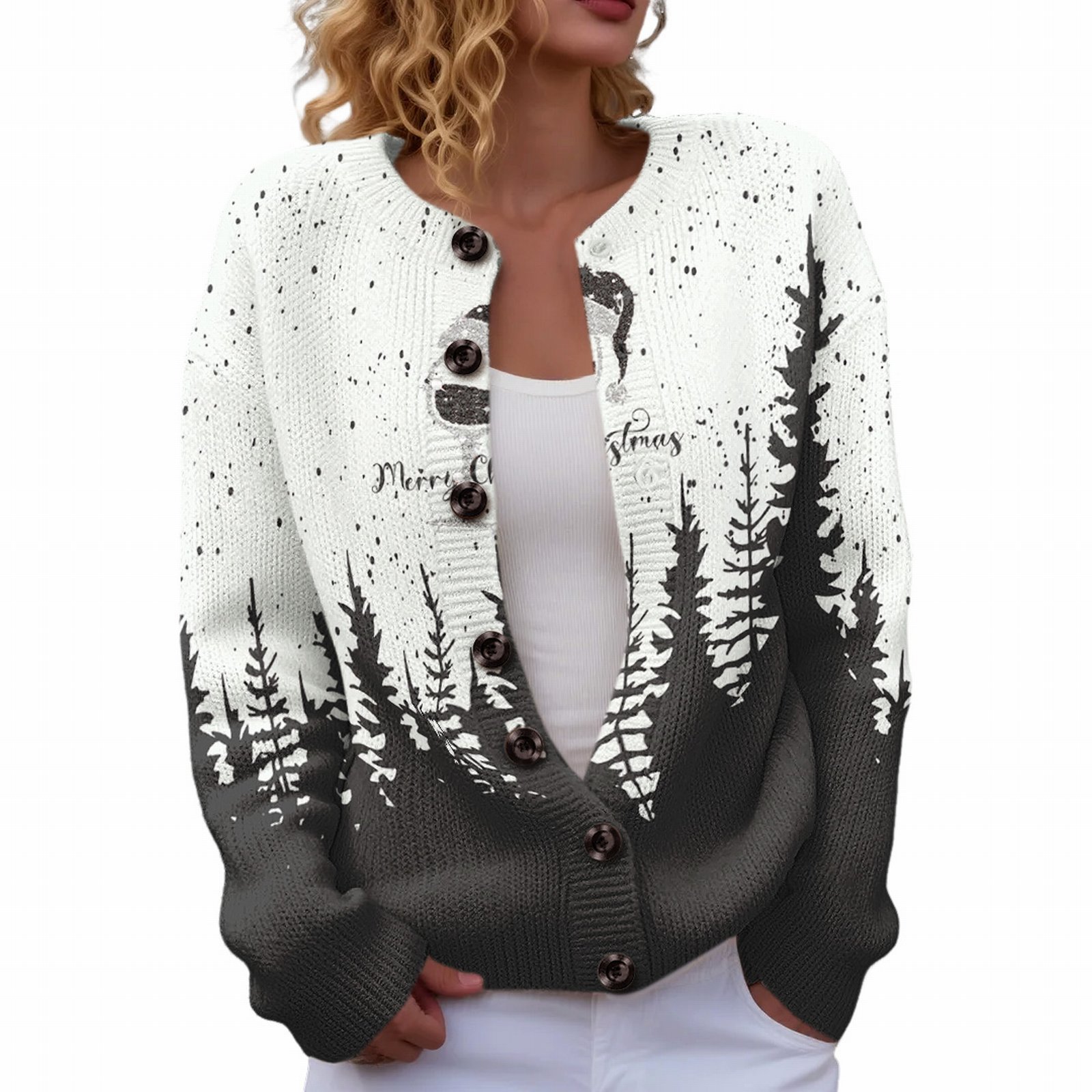 Women's Christmas Reindeer Forest Print Button Cardigan Sweater