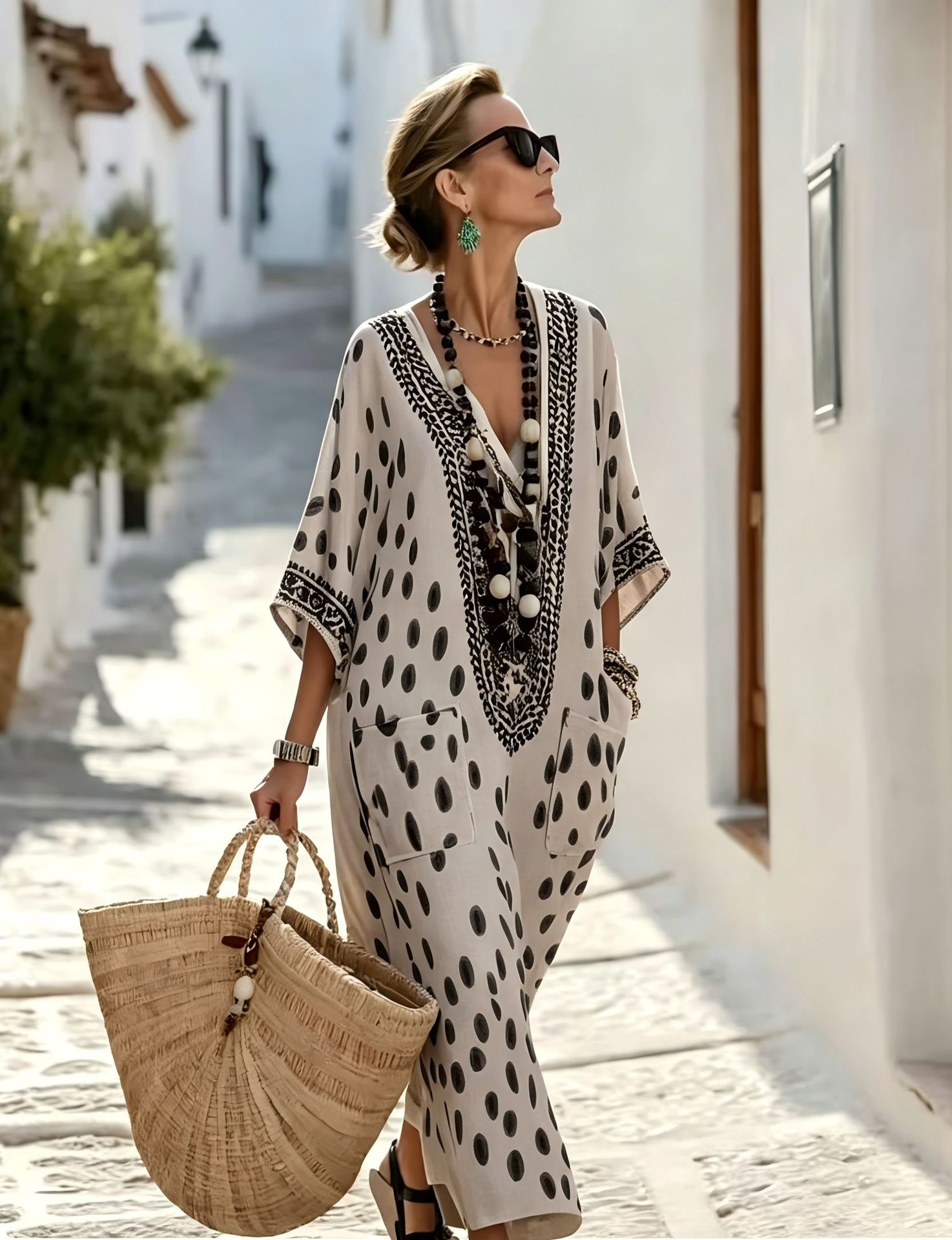 Women's Floral Polka Dot Print Midi Dress Deep V-Neck Five-Sleeve Slim Fit Casual