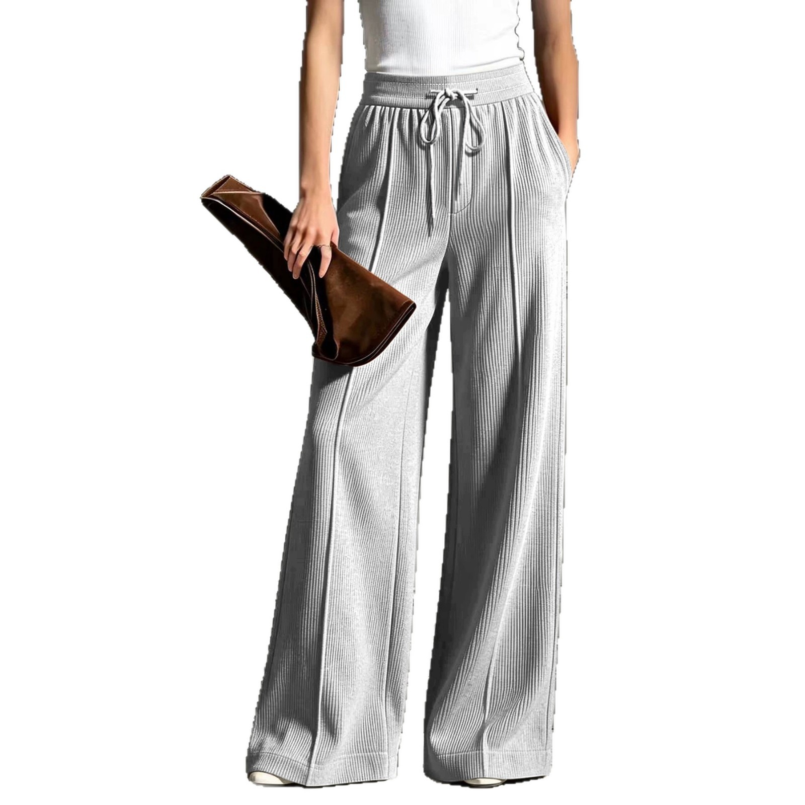 Ribbed Knit Wide-Leg Pants with Pockets