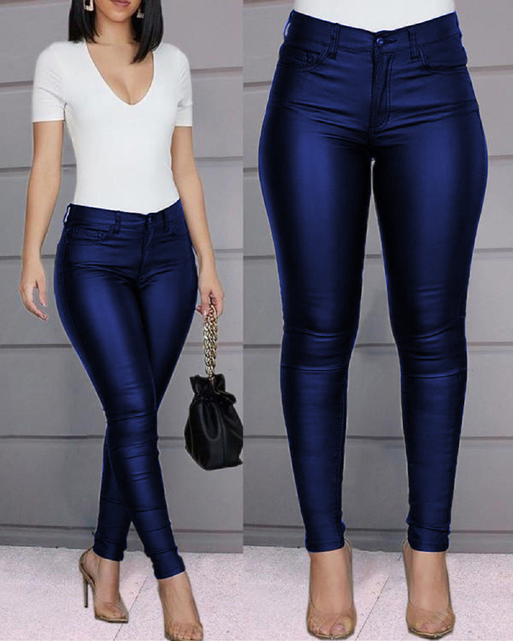 Women's Solid PU Leather Skinny Pants High Waist Stretchy Long Trousers