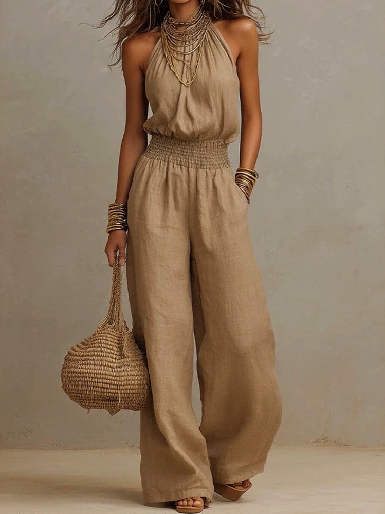 Women's Sleeveless Solid Color Wide-Leg Jumpsuit with Pockets