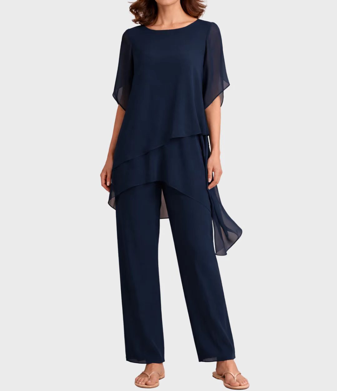 Women's Chiffon Short Sleeve Solid Color Loose Irregular Two-Piece Pant Set