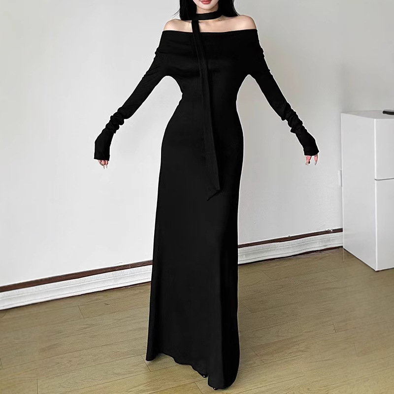 Off-Shoulder V-Neck Long-Sleeve Slimming Midi Dress