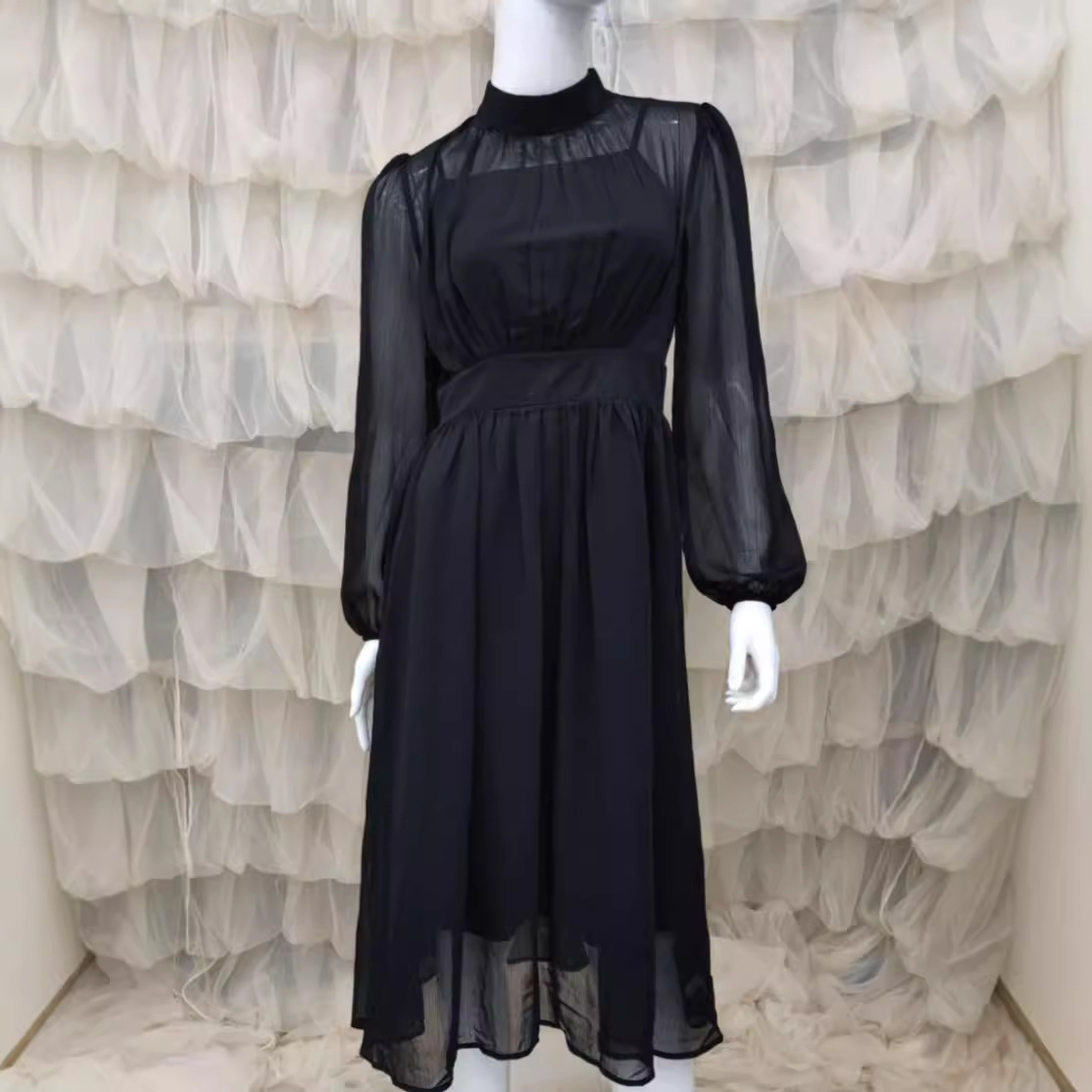 Women's Long Sleeve Round Neck A-Line Midi Dress Slim Fit Black