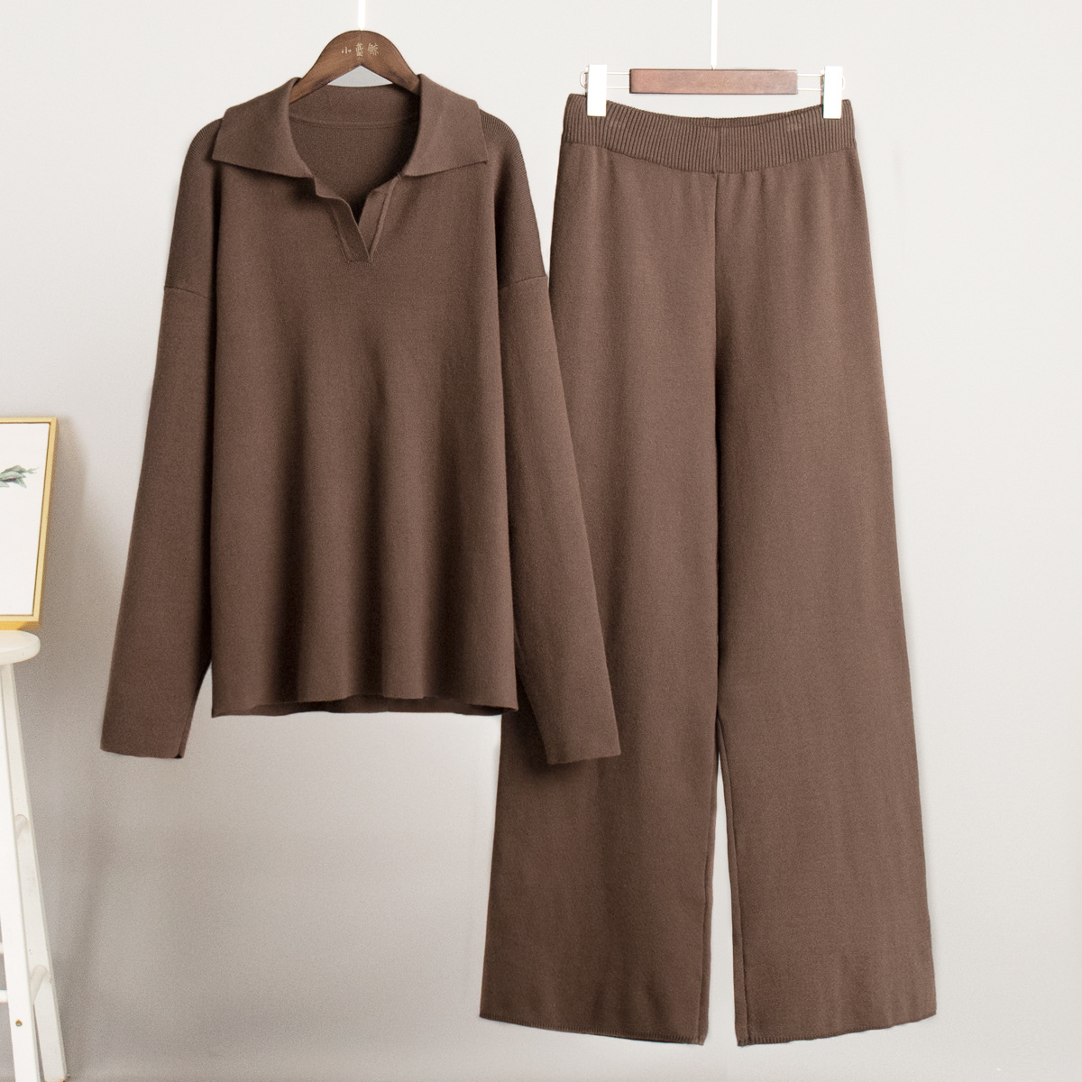 Polo Neck Knit Sweater and Wide-Leg Pants Two-Piece Set