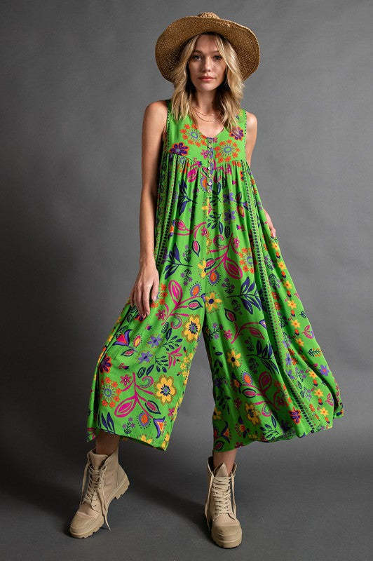 Retro Floral Print Loose Sleeveless Jumpsuit