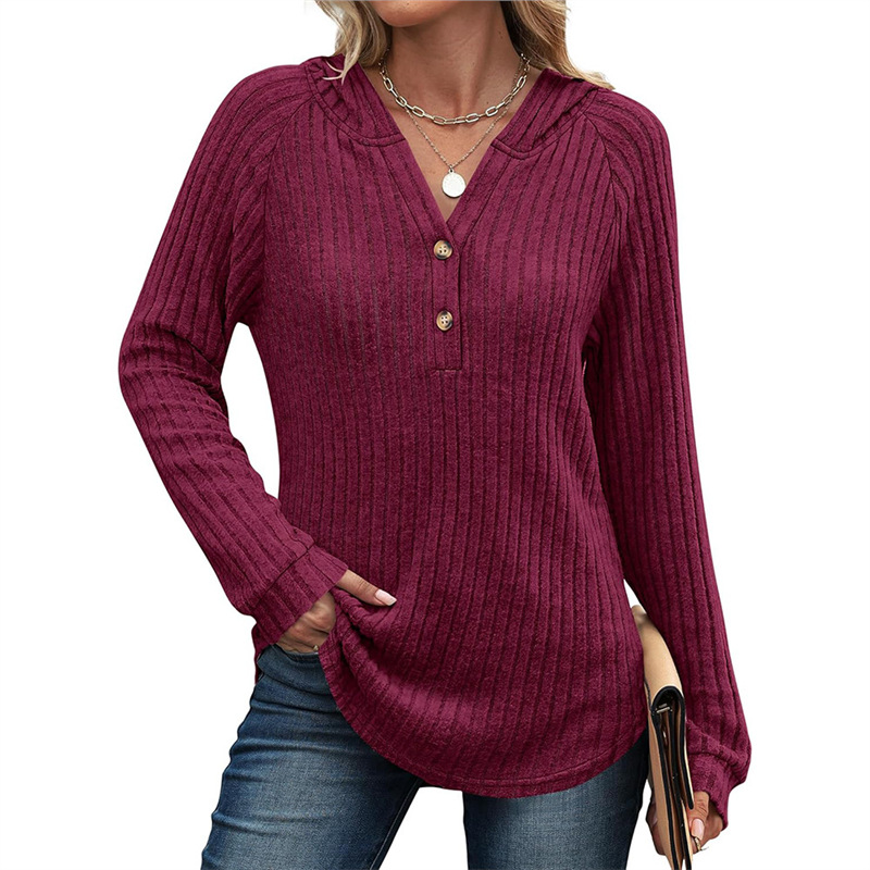 Women's Solid V-Neck Button Loose Hooded Fleece Knit Top