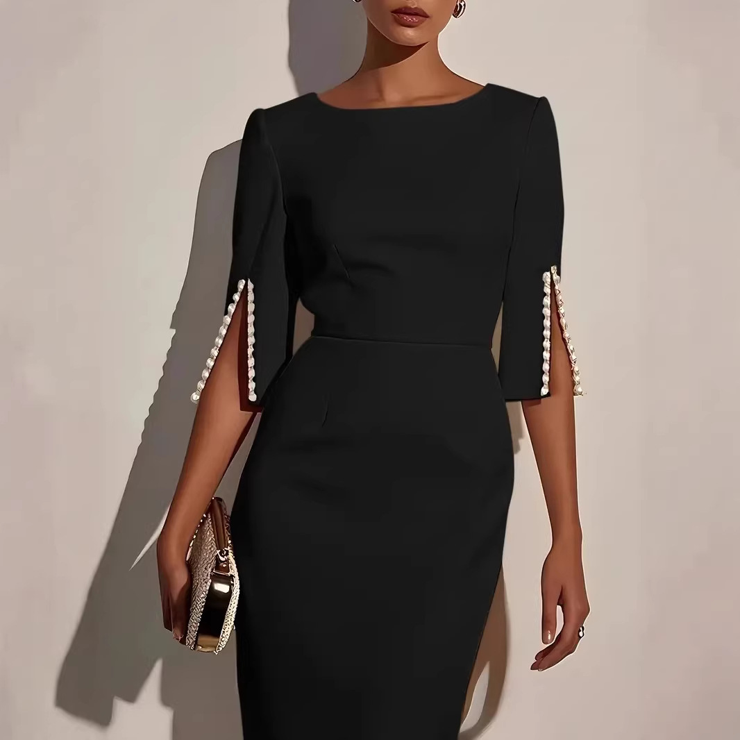 Solid Beaded Slim Fit Midi Dress