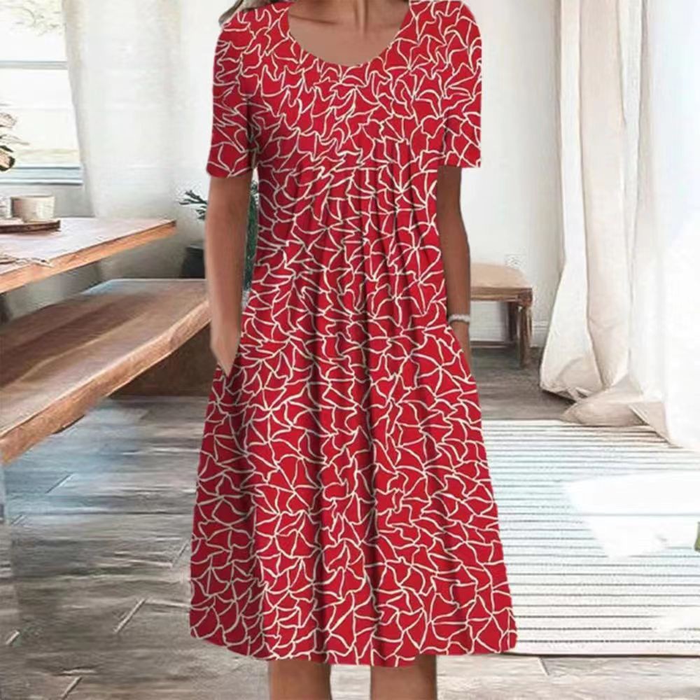 Plus Size Floral Print Short Sleeve Round Neck A-Line Midi Dress