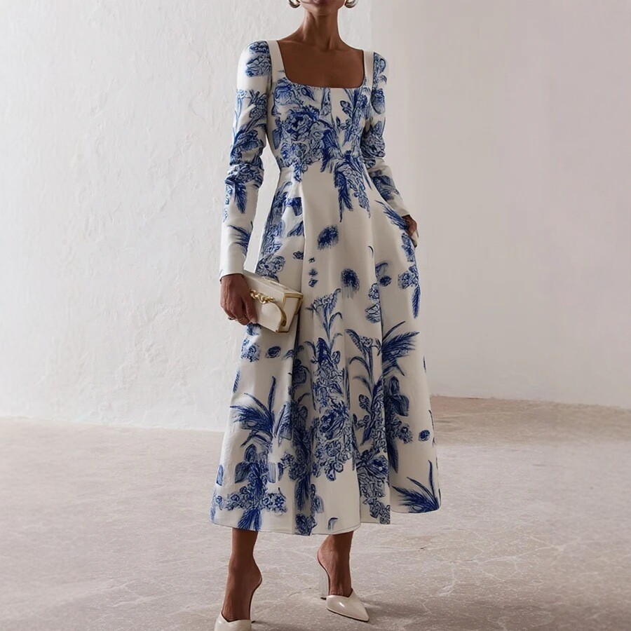 V-Neck Waist-Cinching Ruffle Floral Long Dress