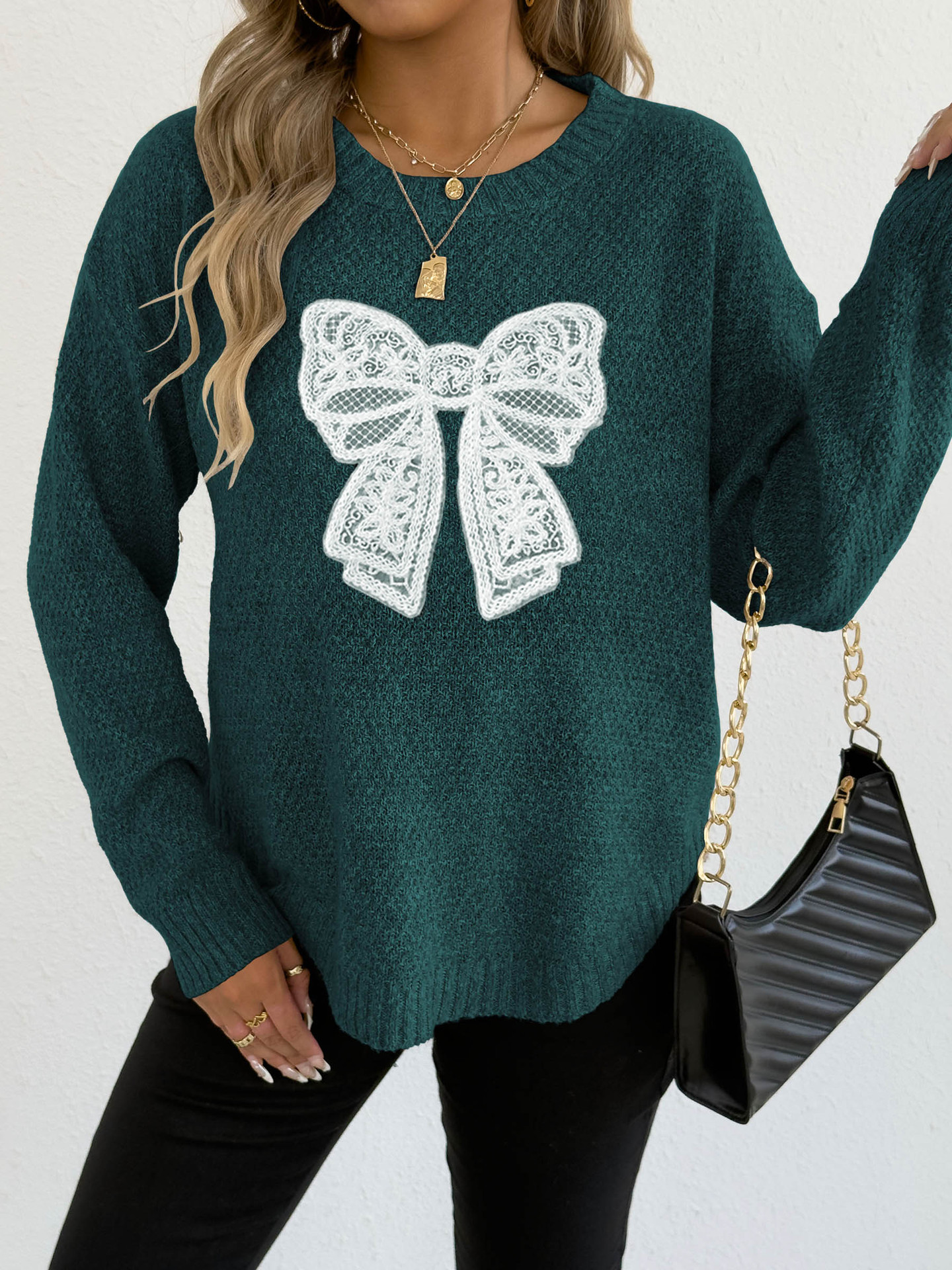 Crewneck Pullover Sweater with Embroidered Lace Butterfly Applique