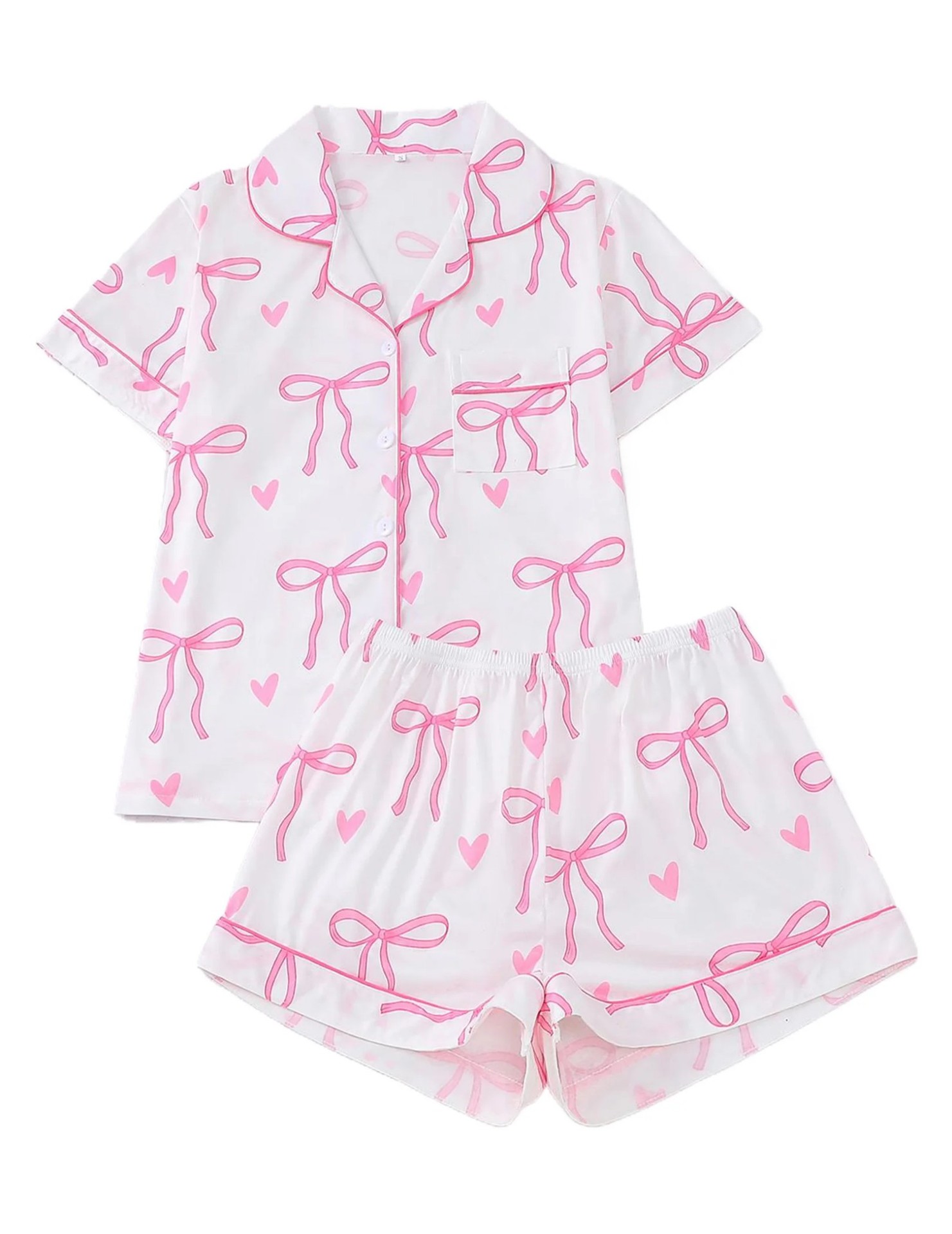 Women's Cuban Collar Short Sleeve Shirt Set with Ribbon Bow