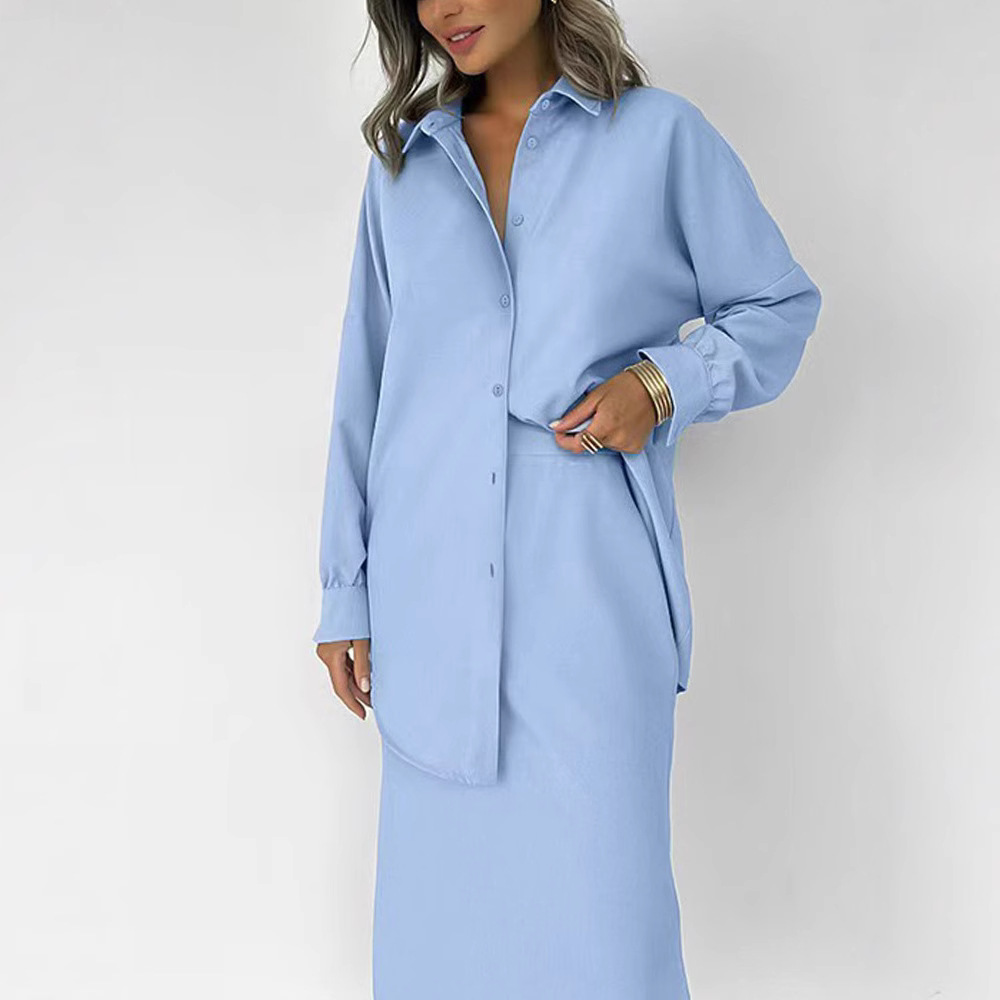 Elegant Women's Single-Breasted Shirt and High-Waisted Slit Skirt Two-Piece Set