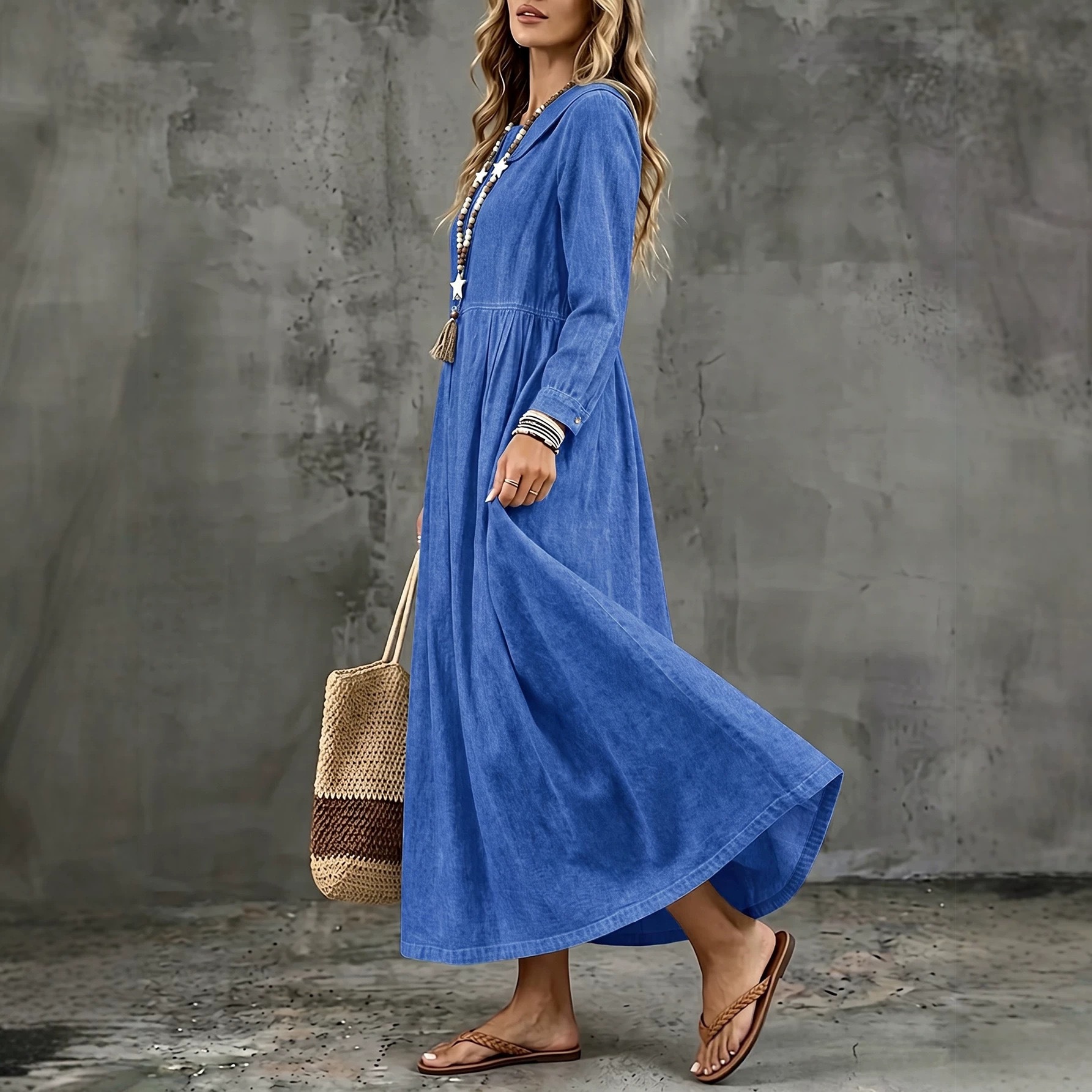 Women's Casual Loose Denim Long Sleeve Collared Midi Dress Plus Size Blue