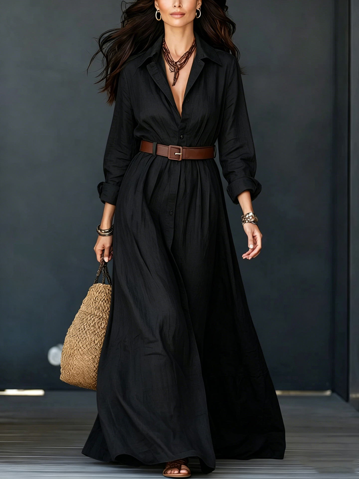 Cotton-Linen Shirt Dress with Collar, Long Sleeves, Belted Waist, Floor-Length