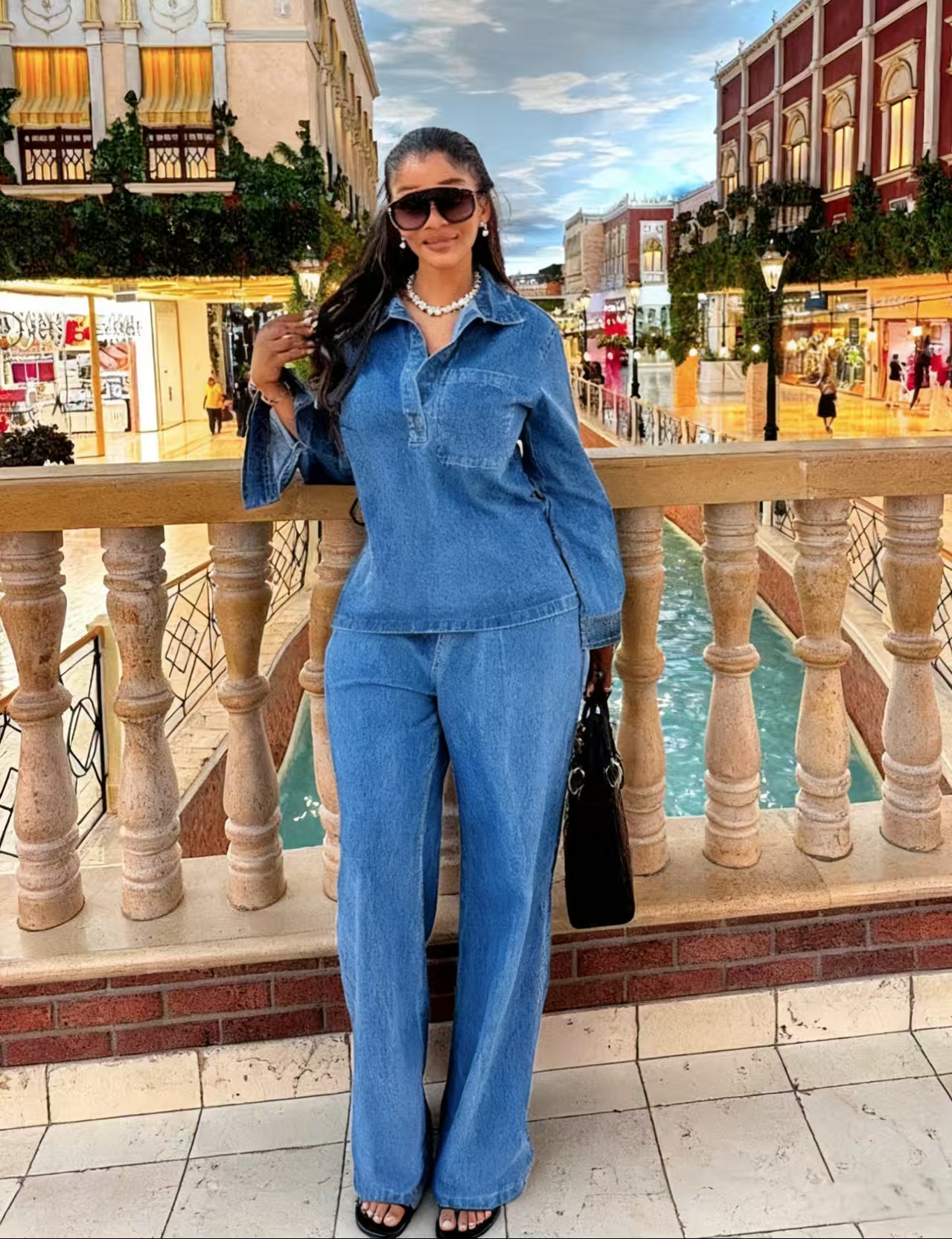 Women's Washed Blue Denim Top and Straight-Leg Pants Set