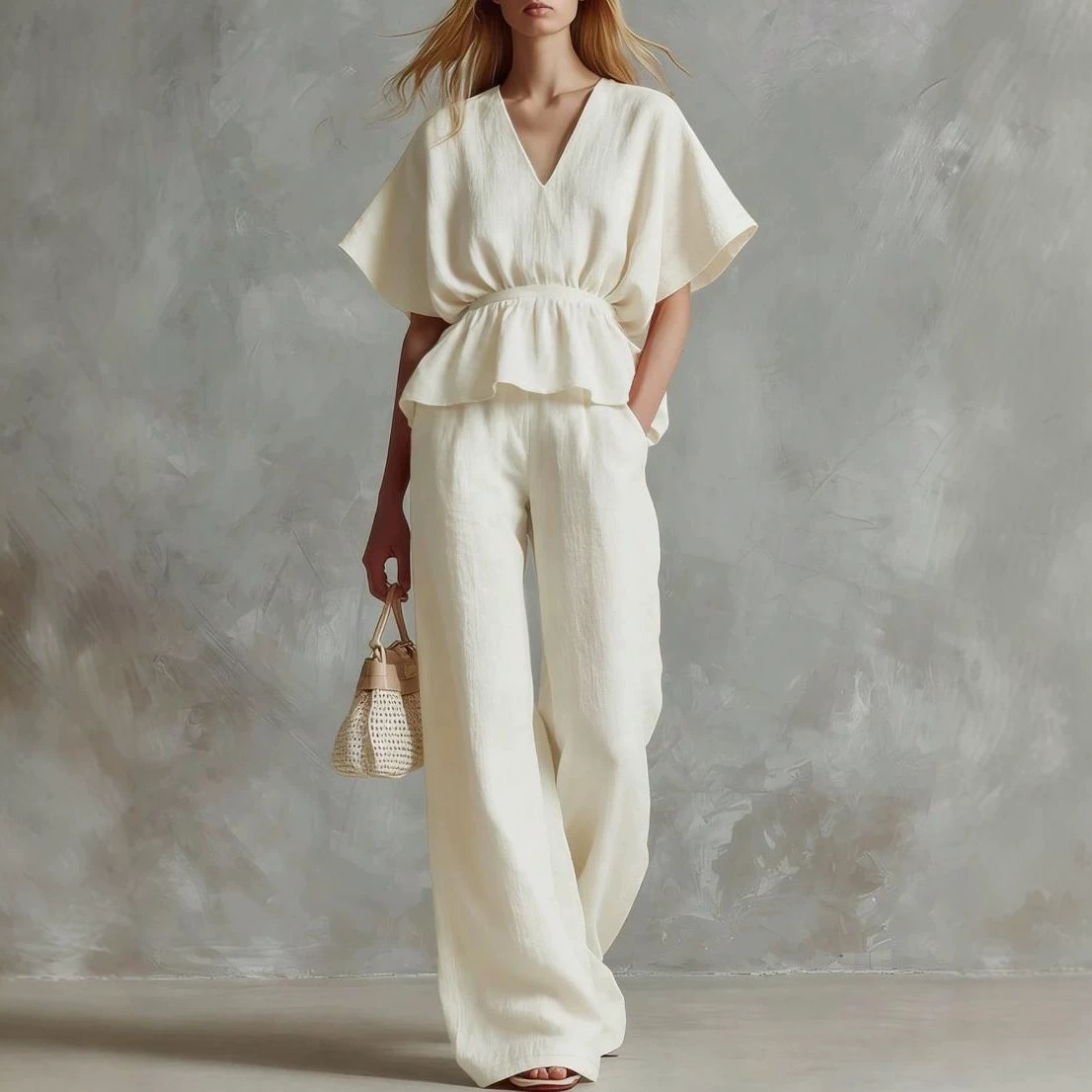 V-Neck Cinched Top and Wide-Leg Pants Two-Piece Set