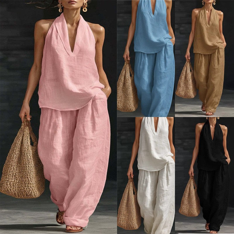 French-Style Halter V-Neck Open-Back Top & Wide-Leg Pants Set