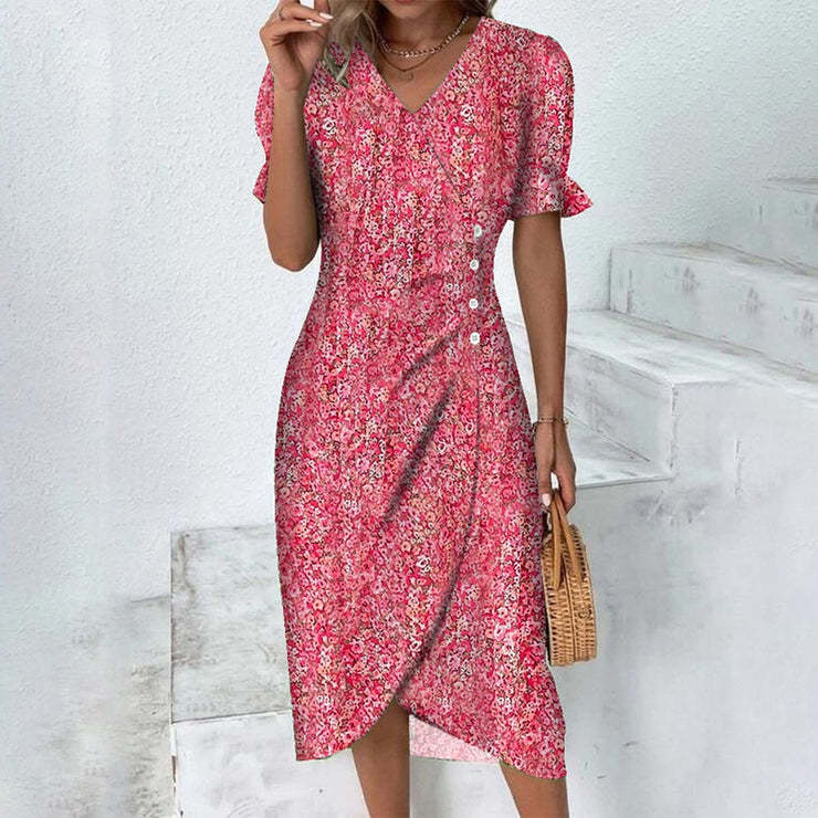 Geometric Patchwork Puff Sleeve Asymmetrical Hem Dress