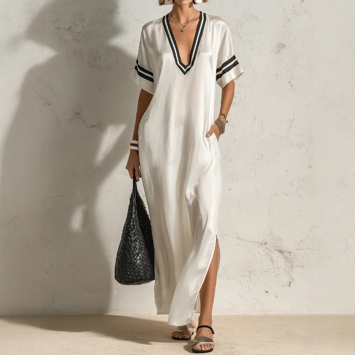 Satin Striped Deep V-Neck Short Sleeve Long Dress with Side Slit