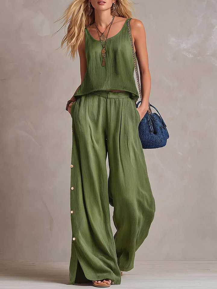 Women's Cotton Blend Sleeveless Top & Wide-Leg Pants Set