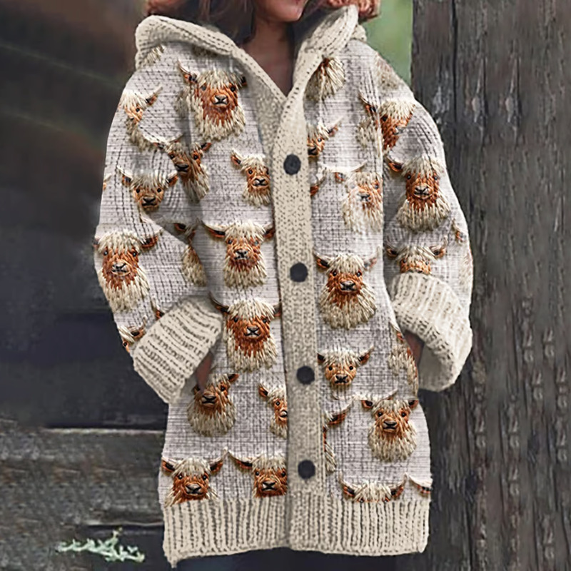 Women's Vintage Animal Print Hooded Button Cardigan