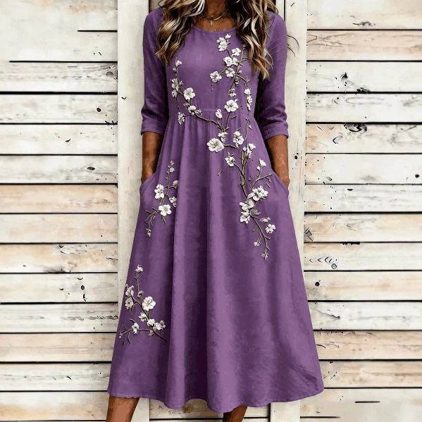 Floral Embroidered Midi Dress with Pockets