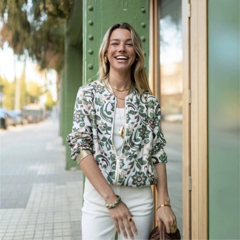 Retro Green Floral Print Zip-Up Bomber Jacket Women's Lightweight Relaxed Fit
