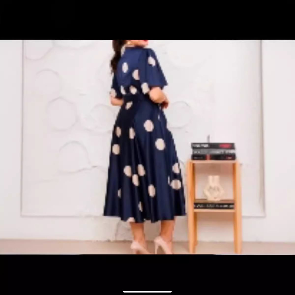 V-Neck Polka Dot A-Line Midi Dress with Short Sleeves