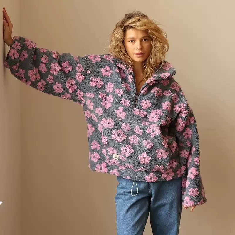 Women's Faux Shearling Floral Print Loose Zip Hoodie Long Sleeve Top