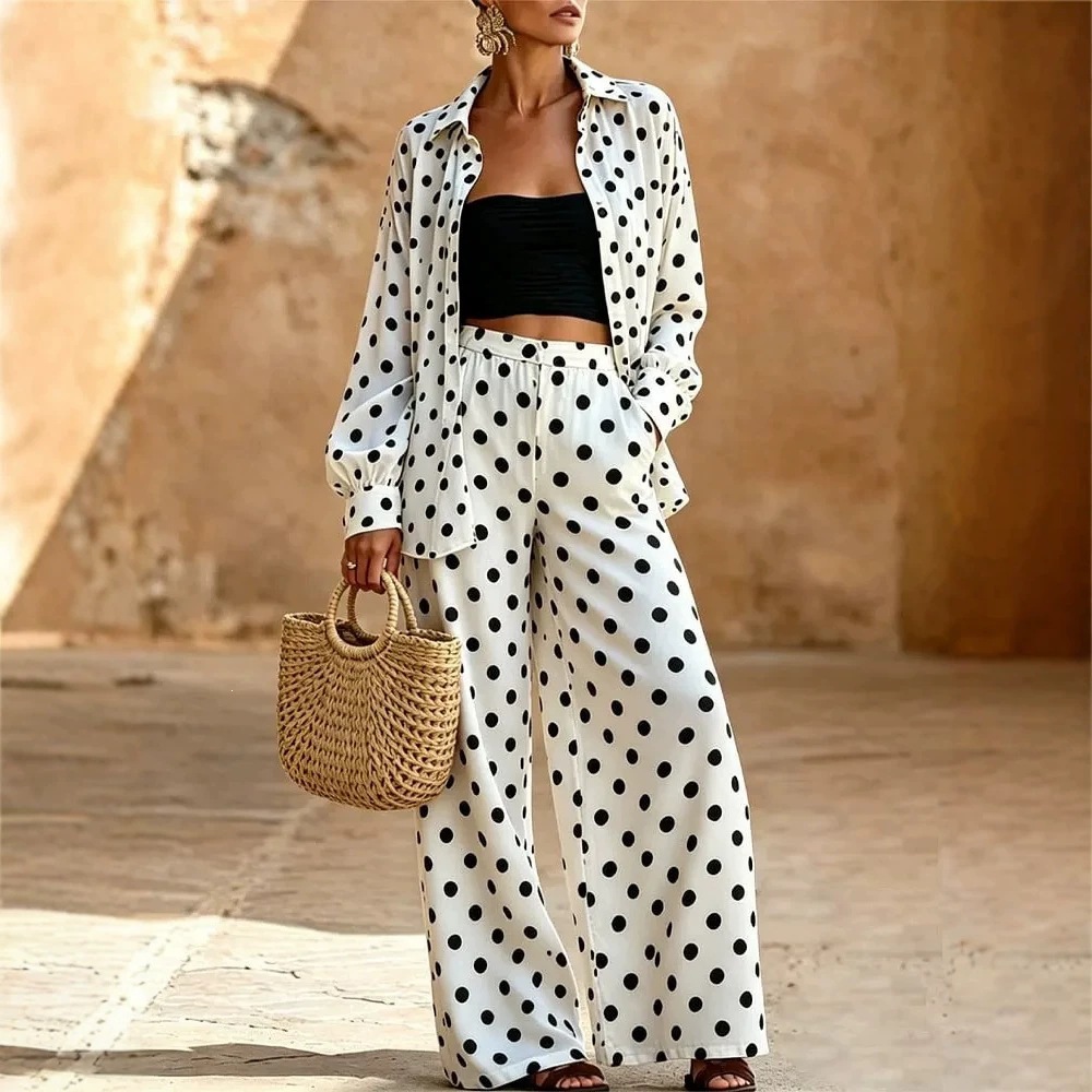 Women's Polka Dot Two-Piece Set with Wide-Leg Pants