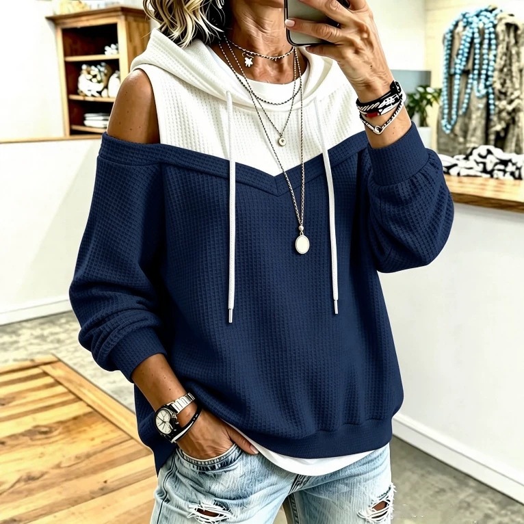 Waffle Colorblock Cold-Shoulder Hoodie Casual Loose Women's Top