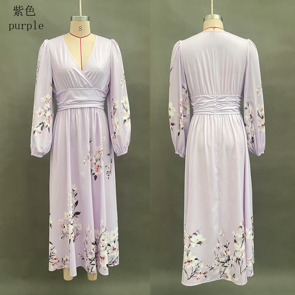 Floral Print V-Neck Pleated Long Sleeve Maxi Dress