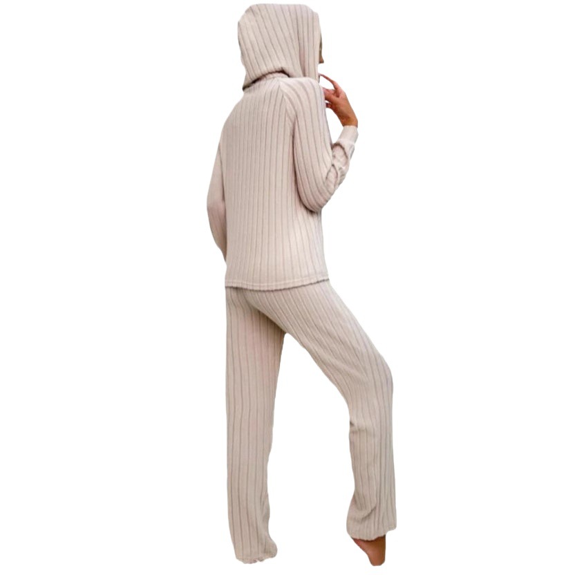 Women's Ribbed Brushed Long-Sleeve Hooded Button T-Shirt and Pants Loungewear Set