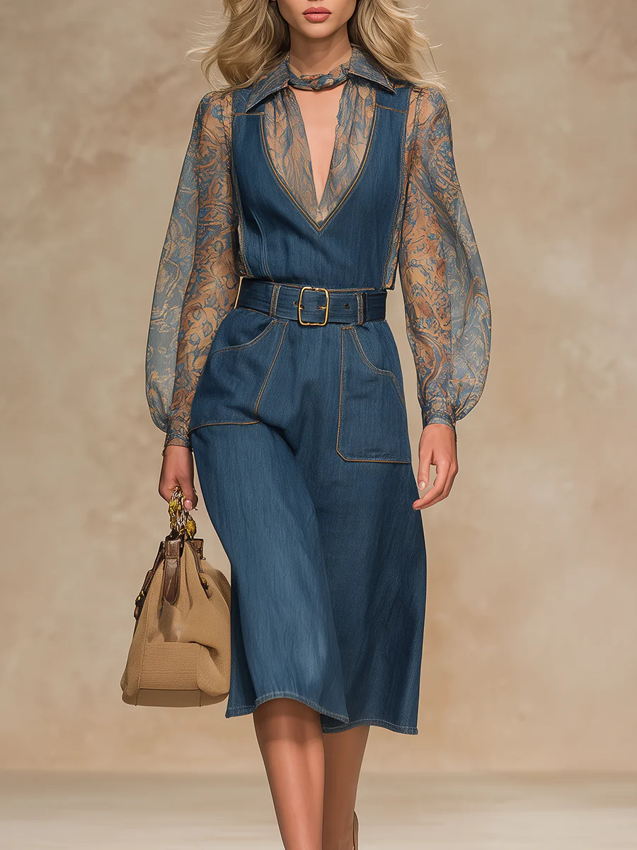 Blue Denim Overall Dress High Waist Wide Leg Jumpsuit with Pockets