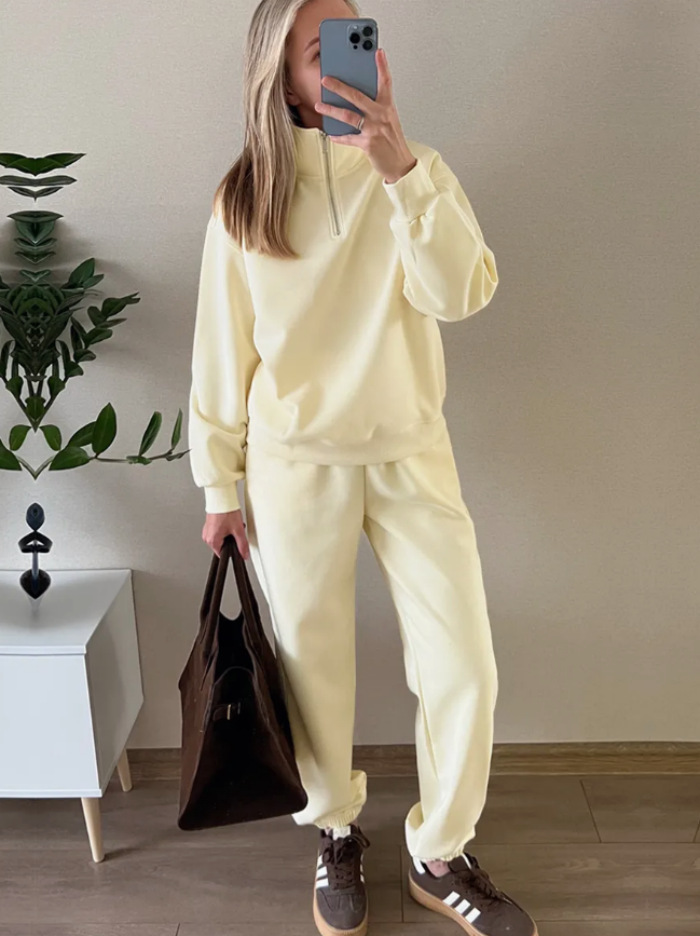 Half-Open Collar Long Sleeve Oversize Hoodie and Drawstring Sweatpants Set