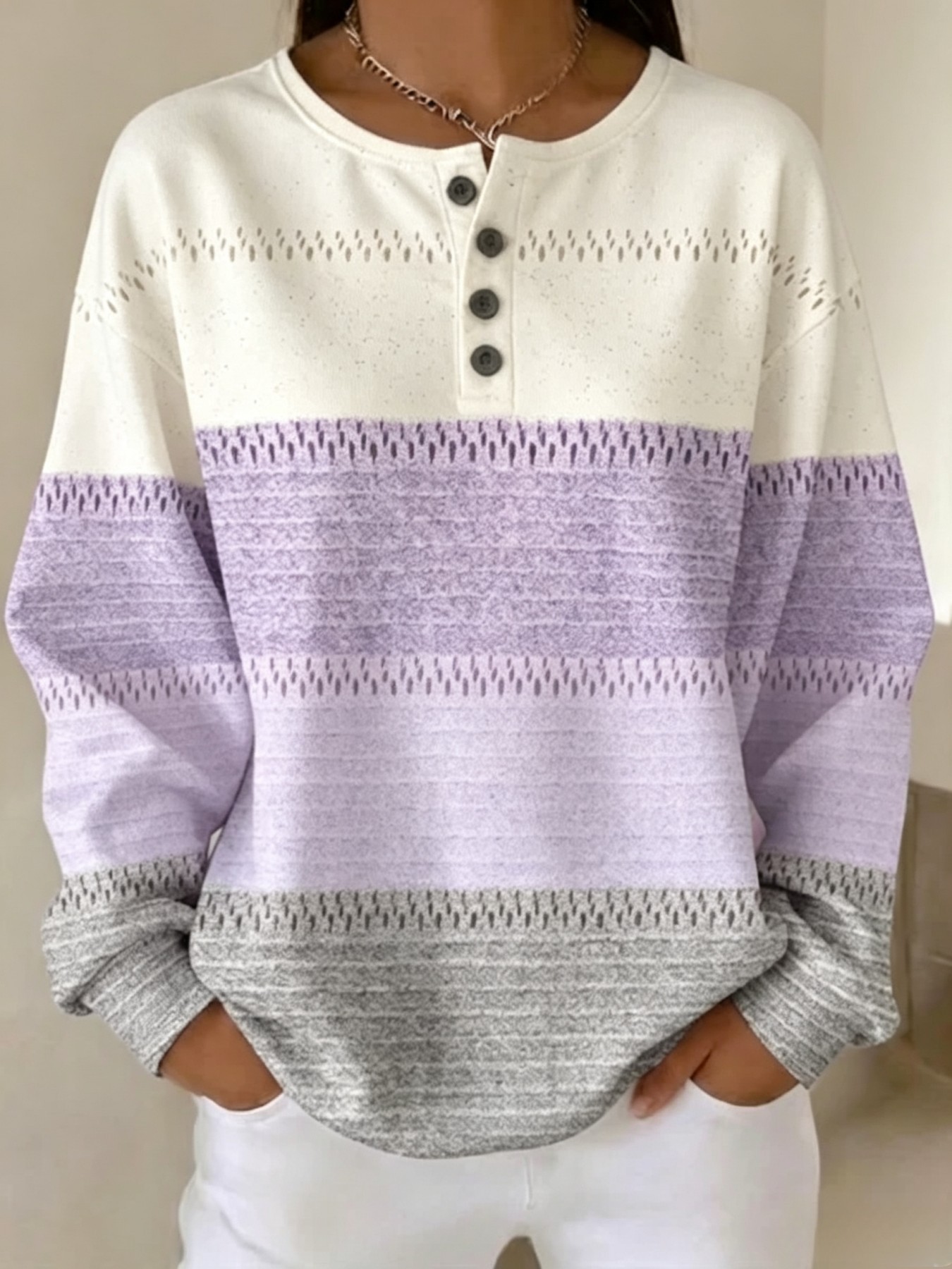 Women's Striped Print Buttoned Casual Hoodie