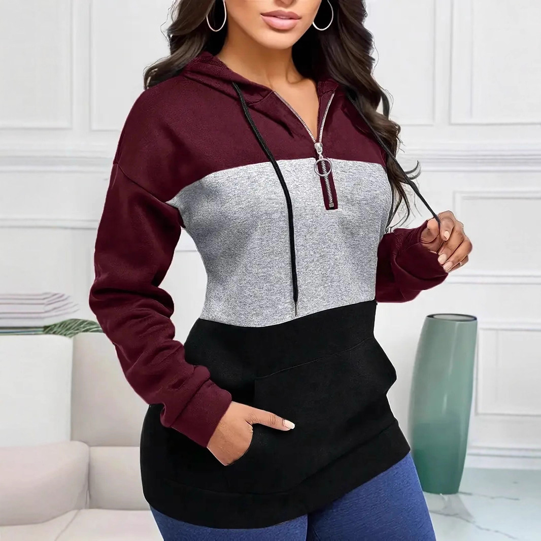 Women's Color-Block Zip-Up Hoodie with Drawstring