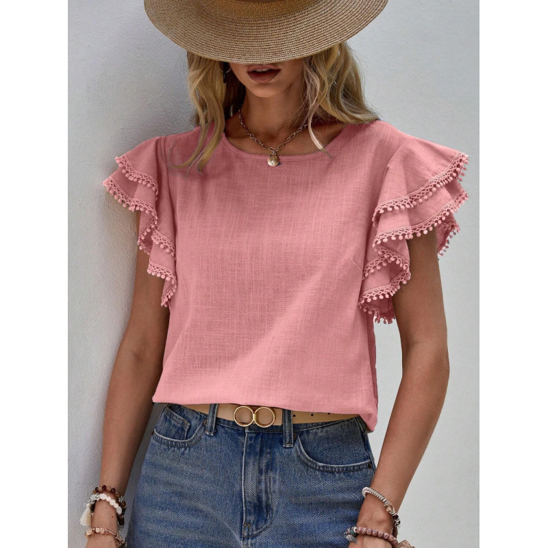 Women's Casual Round Neck Ruffle Sleeve Loose Blouse