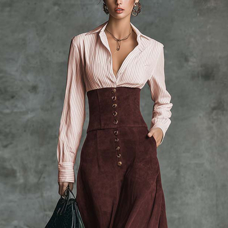 Women's High Waist Slimming Shirt Collar A-Line Dress with Spliced Flared Skirt