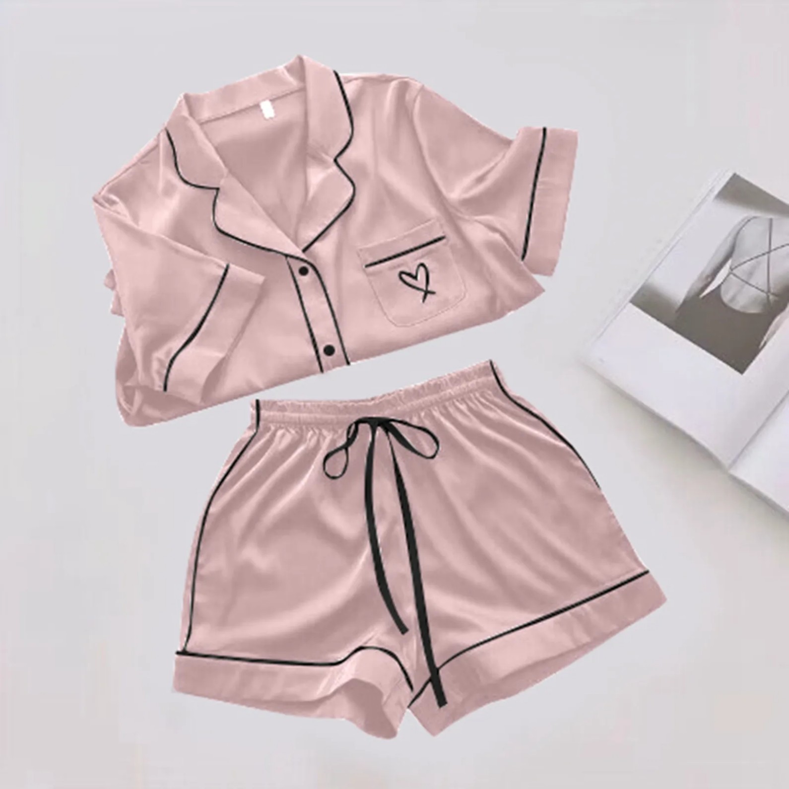 Women's Cuban Collar Short Sleeve Set with Heart Print