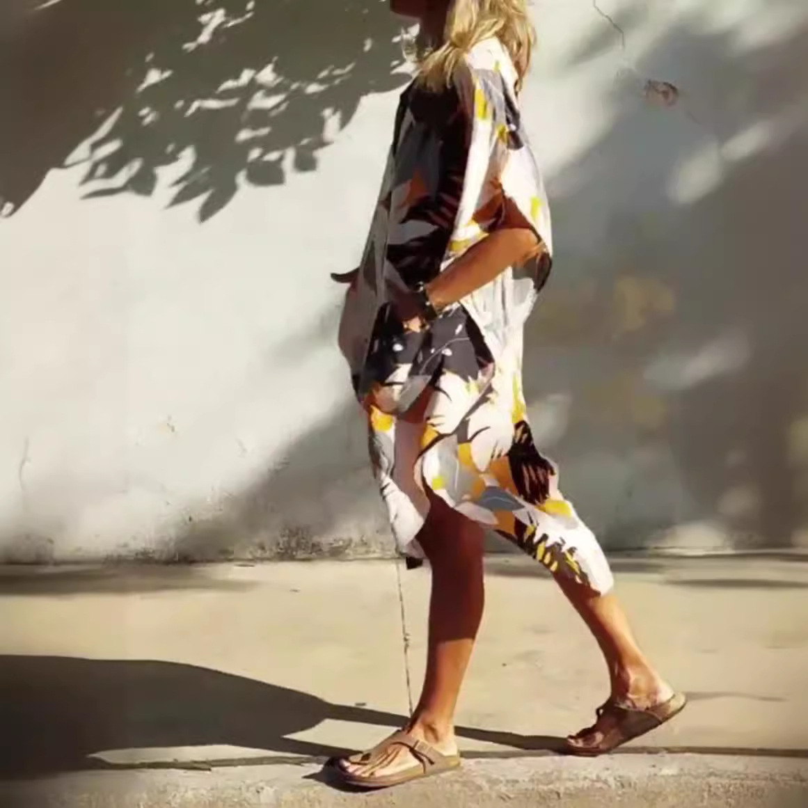 Maple Print Button-Front Midi Dress with Pockets