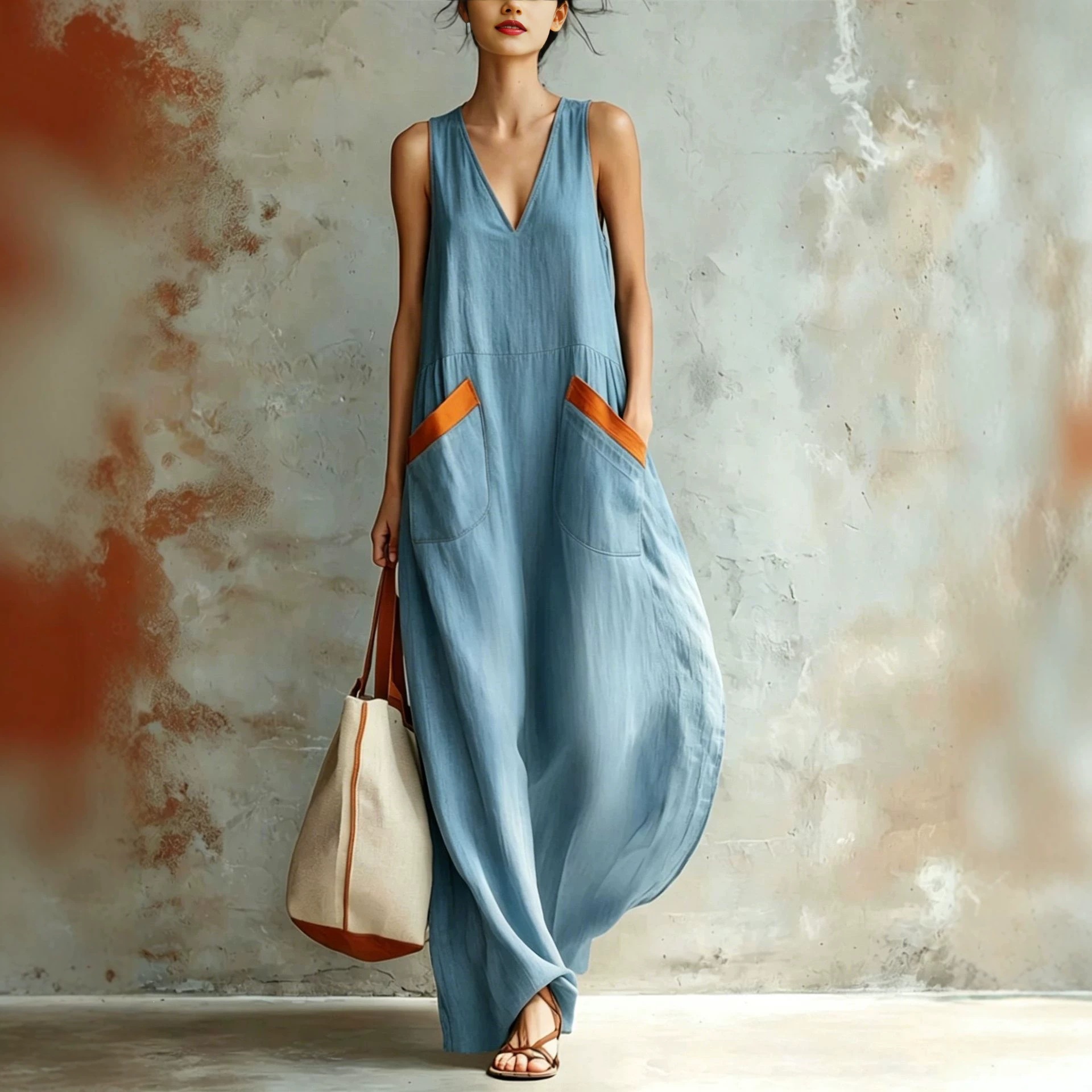 V-Neck Loose Lightweight Sleeveless Maxi Dress